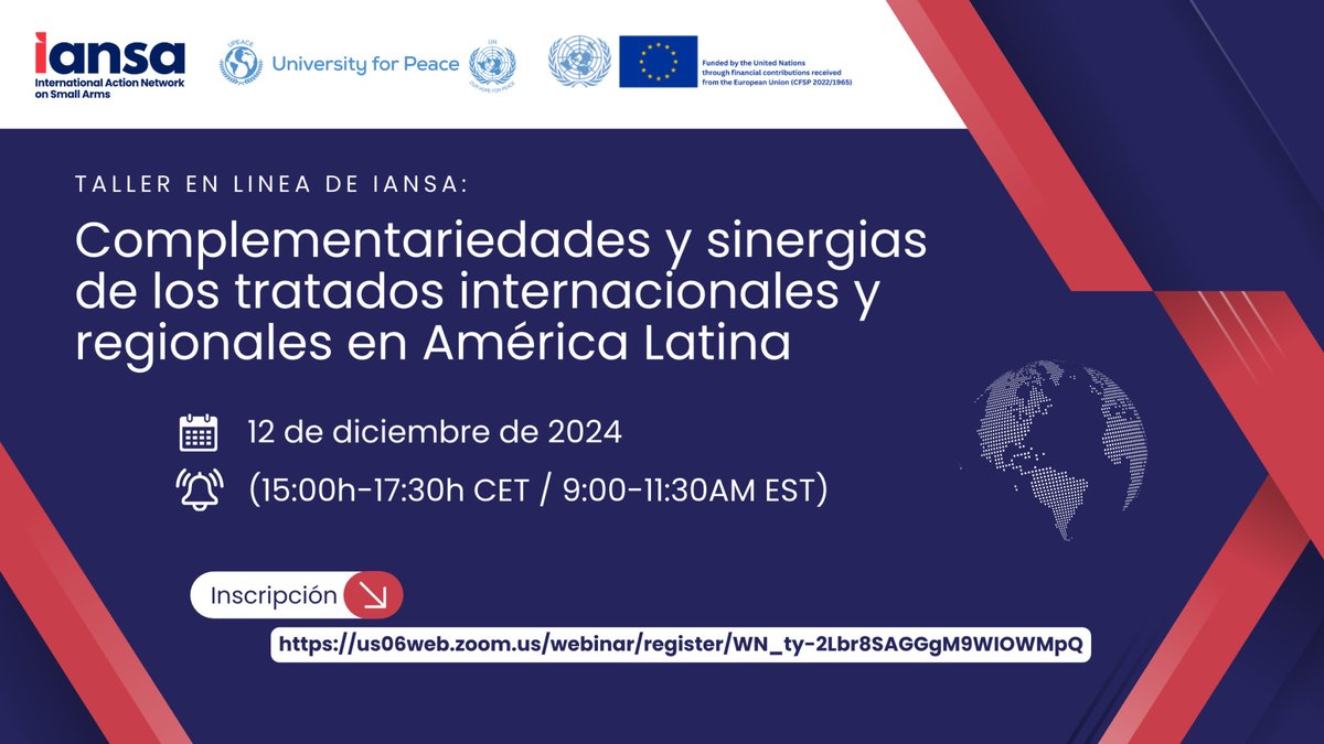 UPEACE's tweet image. 📢 ¡No te pierdas este webinar sobre la regulación internacional de armas de fuego con @IANSAnetwork !

🗓 12 de diciembre, 2024 | ⏰ 15:00 CET / 9:00 EST
🖥 En línea | 🗣 Español
🔗 Regístrate aquí: bit.ly/3OG2nqz

#WebinarEnEspañol #FormaciónOnline #DerechosHumanos
