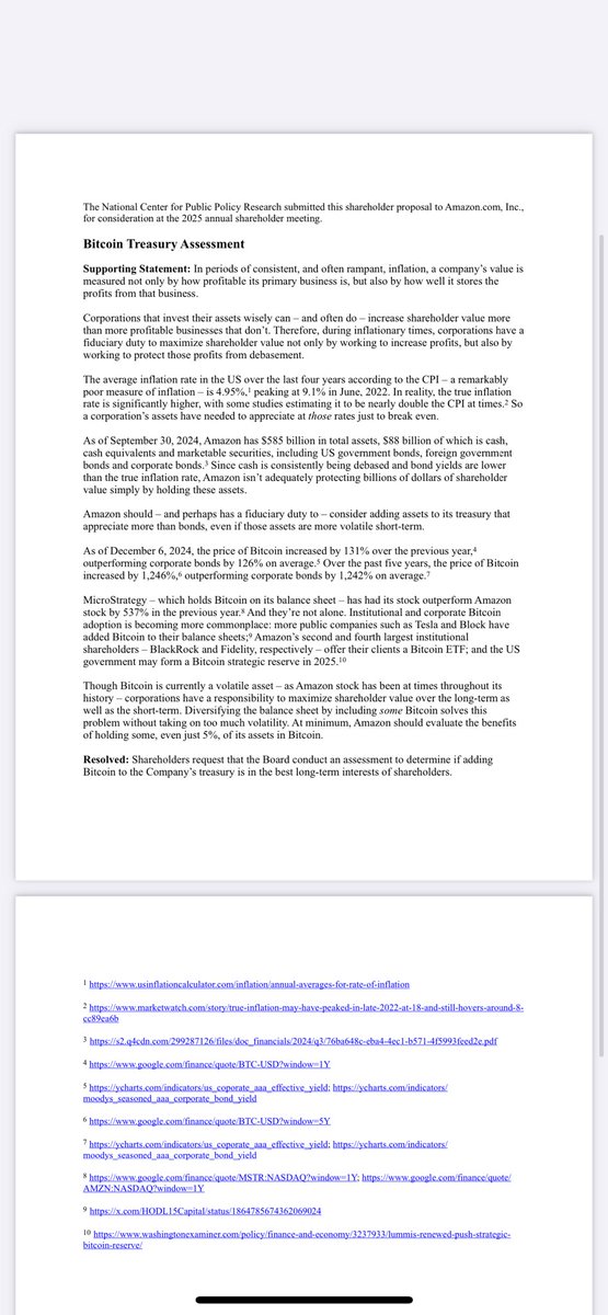 The National Center for Public Policy Research has submitted the attached shareholder proposal to Amazon.com, Inc. for consideration at the 2025 annual shareholder meeting. 

Shareholders request that the Board assess adding #Bitcoin to the Company’s Treasury