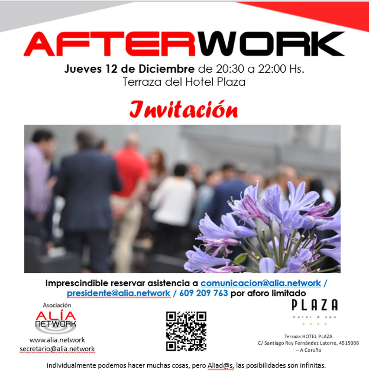 AliaNetwork's tweet photo. Ya estamos preparados para celebrar el AfterWork de Navidad🍻🥂.

Será 📆 el jueves 12 de diciembre a las 20,30 horas, en la Terraza SkyBar situada en la 9ª planta del Hotel Plaza de Cuatro Caminos. 
Imprescindible reservar asistencia https://t.co/nhN9ww8NGZ aforo limitado 😉. https://t.co/uCx942yI9z