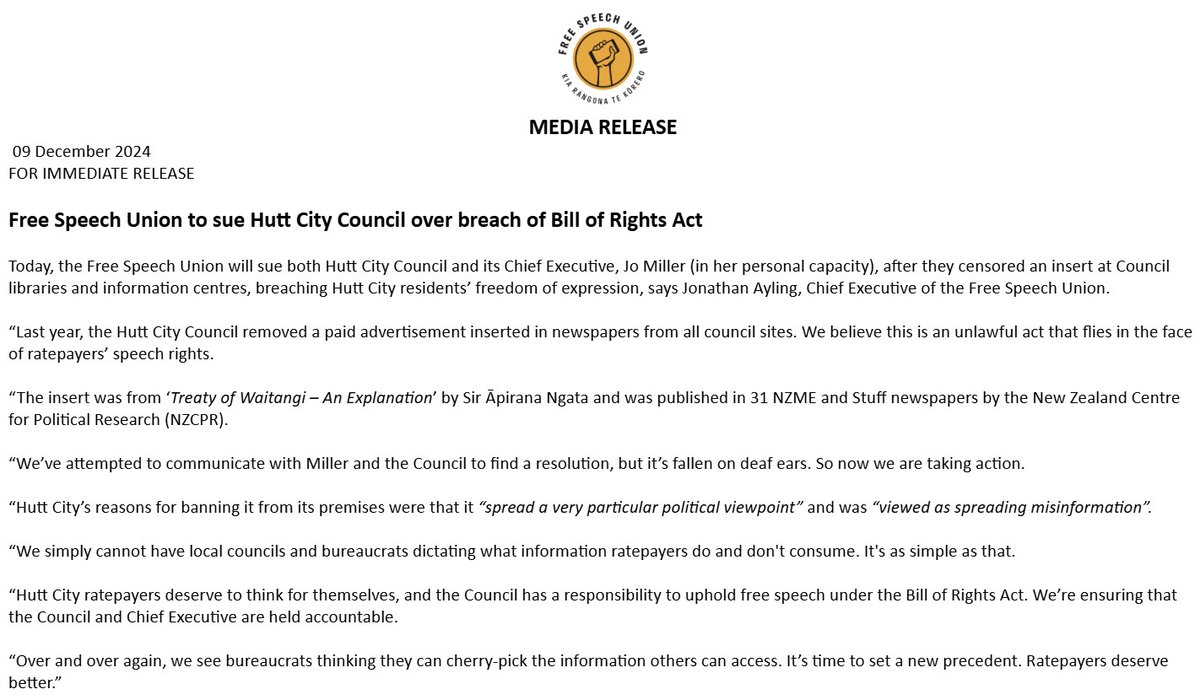Free Speech Union to sue Hutt City Council over breach of Bill of Rights Act

Today, the Free Speech Union will sue both Hutt City Council and its Chief Executive, Jo Miller (in her personal capacity), after they censored an insert at Council libraries and information centres,