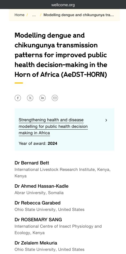 Alhamdulillah! Excited to be part of the <a href="/wellcometrust/">Wellcome</a>-funded AeDST-HORN project! We’re developing mathematical models to forecast dengue and chikungunya patterns in Somalia, Kenya, and Ethiopia, powering online decision tools for risk-based surveillance and control.