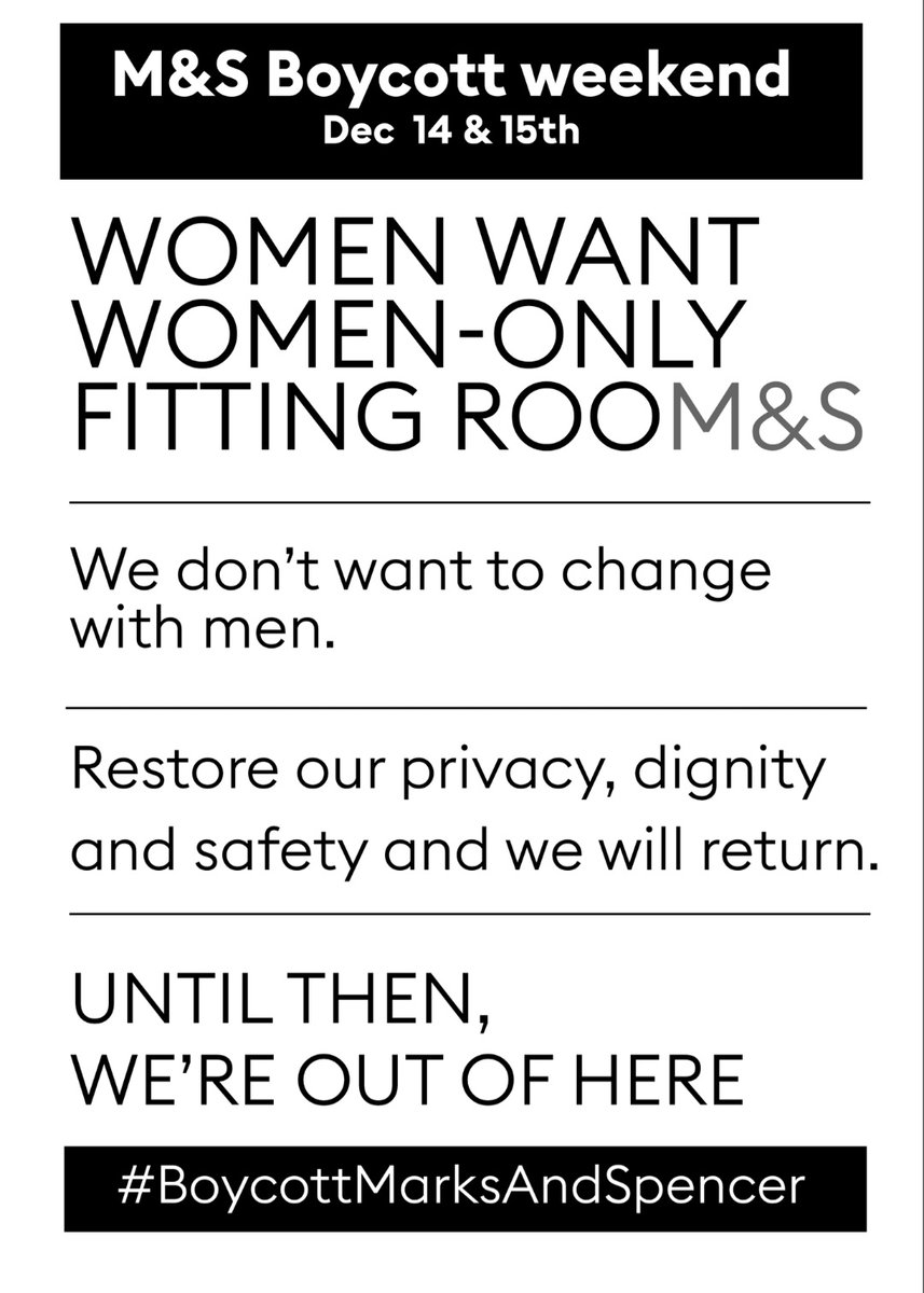 MMYang434's tweet photo. The @marksandspencer Boycott Campaign invites all members of X to #BoycottMarksandSpencer on the weekend of 14th&amp;15th Dec. 
Inform the Christmas Shoppers that we are boycotting because Women want separate Fitting Rooms from all men
The Flyer below can be printed
 &amp; given out.♻️ https://t.co/2d2x04RdJC