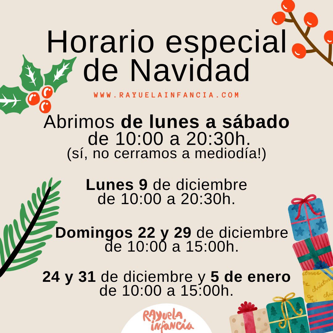 Os recordamos que mañana lunes 9 de diciembre abrimos en horario ininterrumpido de 10:00 a 20:30h ¡Os esperamos con muchas ganas e ilusión! 

rayuelainfancia.com