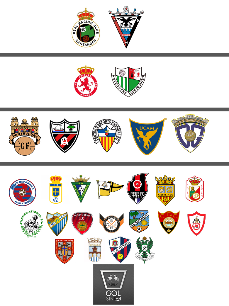 Son los mejores equipos de sus grupos. Estos son los escudos que van líderes en sus categorías y que por lo tanto ascenderían de MANERA DIRECTA si la liga acabase hoy:

<a href="/realracingclub/">Real Racing Club</a>
<a href="/CDMirandes/">Club Deportivo Mirandés</a>
__
<a href="/CyDLeonesa/">Cultural y Deportiva Leonesa</a>
<a href="/AntequeraCF/">Antequera C. F.</a>

__
<a href="/PontevedraCFSAD/">Pontevedra CF 🦴</a> 
<a href="/arenas_club1909/">ARENAS CLUB oficial</a>
<a href="/CESabadell/">CE Sabadell 🧅</a>