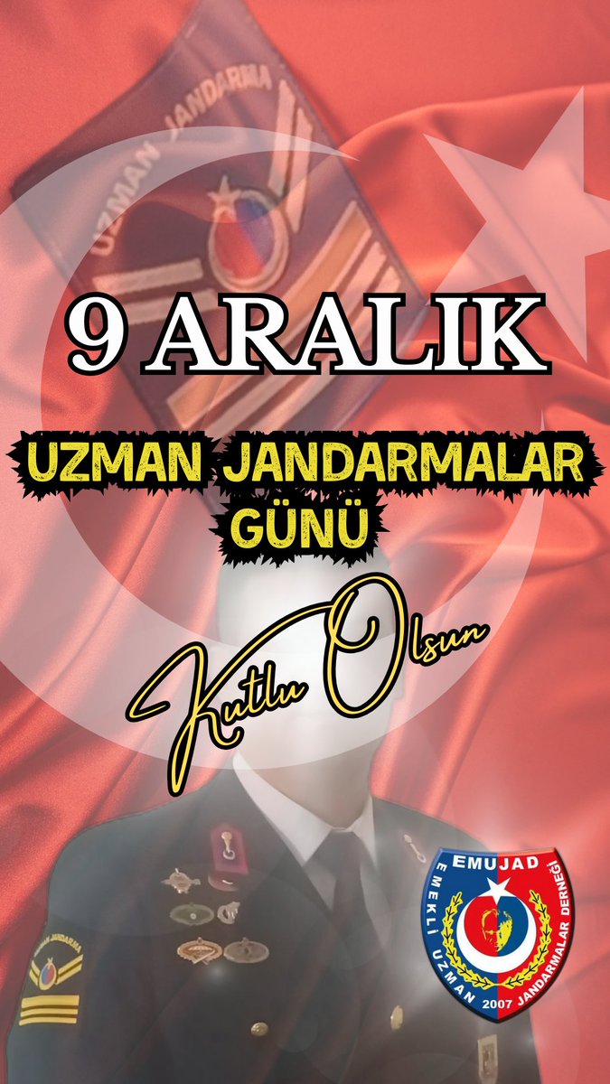 Dünya da eşi ve benzeri olmayan, sadece Türkiye'de  Jandarmaya has bir statü olan Kahraman, Fedakar, Çalışkan #UzmanJandarma'ların 
#9AralıkUzmanJandarmalar günü kutlu olsun. 🇹🇷
<a href="/AliYerlikaya/">Ali Yerlikaya</a> <a href="/TC_icisleri/">T.C. İçişleri Bakanlığı</a> <a href="/YasarGulermsb/">Yaşar Güler</a> <a href="/tcsavunma/">T.C. Millî Savunma Bakanlığı</a> <a href="/jandarma/">T.C. Jandarma Gn. K</a> <a href="/EMUJAD06/">EMEKLİ UZMAN JANDARMALAR DERNEĞİ</a> <a href="/Akparti/">AK Parti</a> <a href="/MHP_Bilgi/">MHP</a> <a href="/iletisim/">T.C. İletişim Başkanlığı</a>