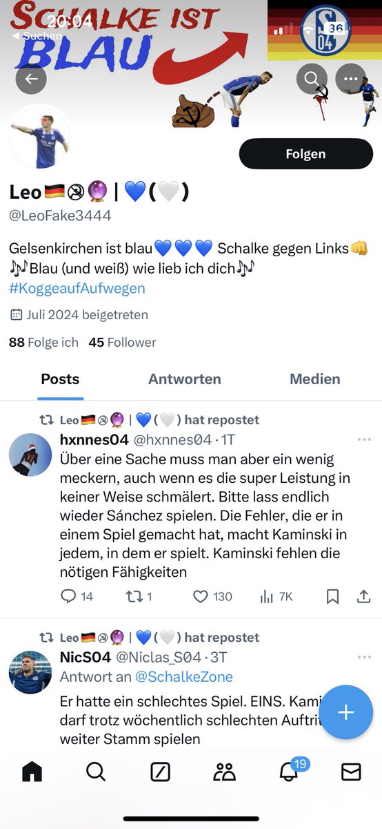 Verpiss dich aus unserem Verein du rechter Freiersohn. Hoffe ich sehe dich mal in der Arena wobei du wohl keine Eier hast dort deine Politische Gesinnung nach Außen zu tragen. @LeoFake3444