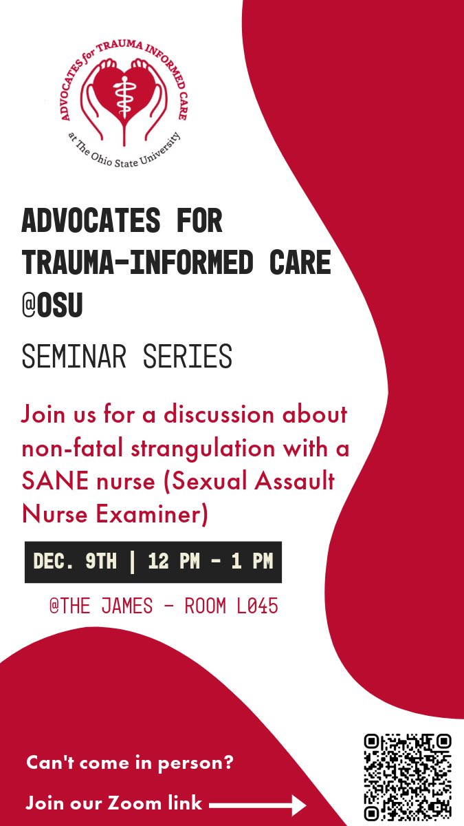TOMORROW, Monday 12/9! In person or via Zoom from 12-1 Kate, a Sexual Assault Nurse Examiner will discuss non-fatal strangulation and trauma-informed care