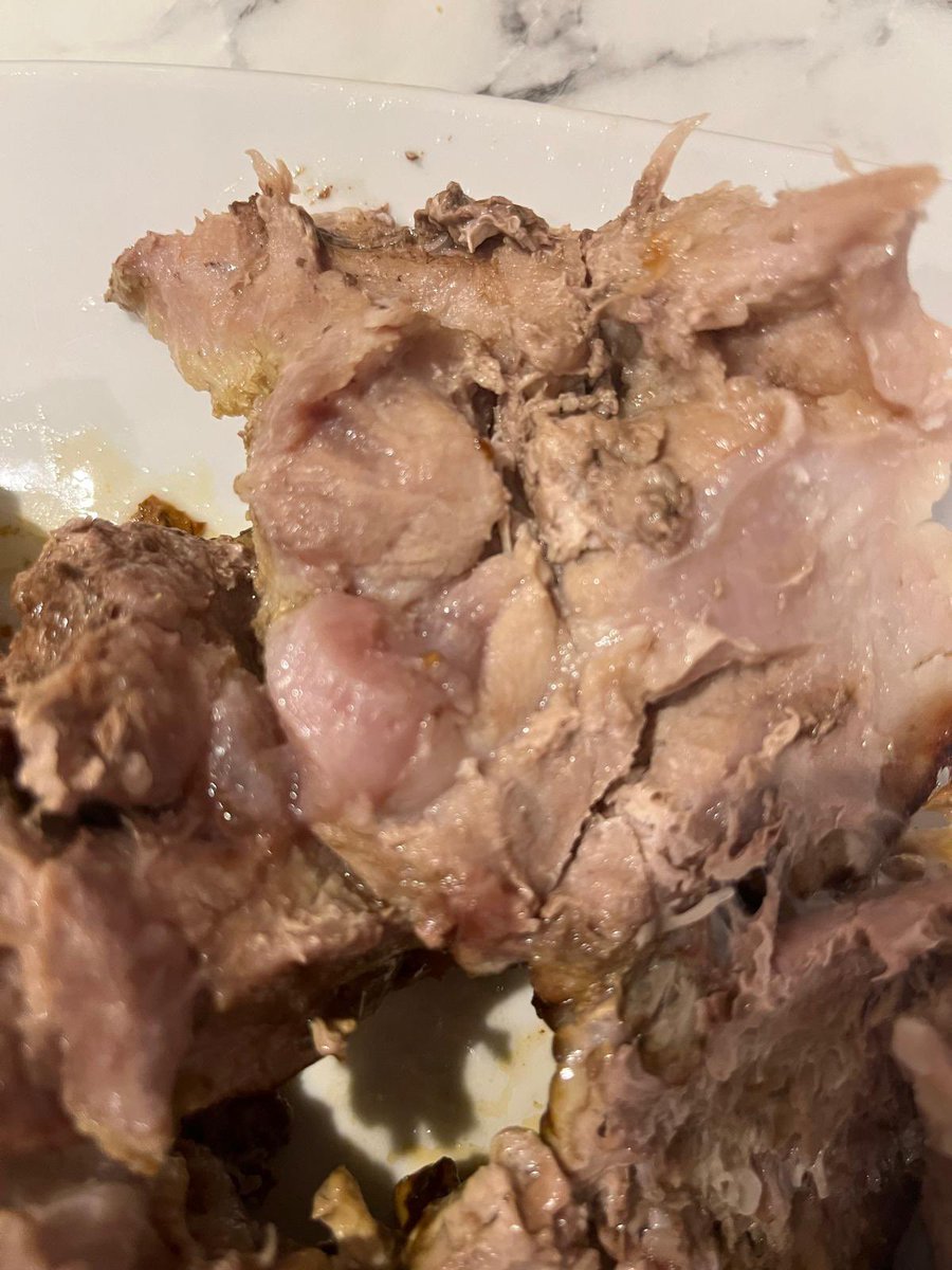 welford85's tweet photo. Also, my husband ate a piece of pork as we were carving it and is now worried he is going to be ill. See attached photos of the grim meat. 3/3 https://t.co/FkK9q3O6Oo