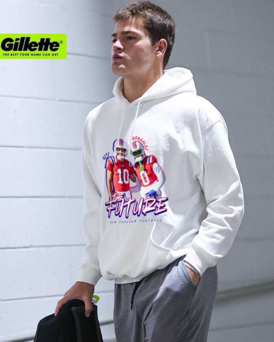 MLFootball's tweet photo. FIRE: #Patriots star Drake Maye wearing a fire hoodie of Christian Gonzalez and him.

“THE FUTURE.”

🔥 https://t.co/W3rmsNd4fG