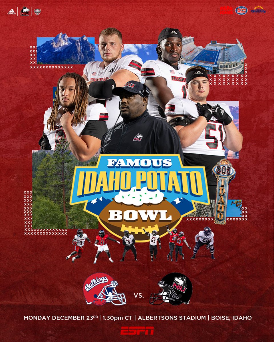 NIU Football (@niu_football) on Twitter photo Keep your eyes PEELED 👀
Your Huskies are BAKE in business as we’re headed to the IDAHO POTATO BOWL for a MASHUP against the Fresno State Bulldogs‼️
See you tater!! 🏈🥔
#SOAR | #TheHardWay 🤘🏽🐾
<a href="/IDPotatoBowl/">FamousID Potato Bowl</a> <a href="/ESPNCFB/">ESPN College Football</a> Keep your eyes PEELED 👀
Your Huskies are BAKE in business as we’re headed to the IDAHO POTATO BOWL for a MASHUP against the Fresno State Bulldogs‼️
See you tater!! 🏈🥔
#SOAR | #TheHardWay 🤘🏽🐾
<a href="/IDPotatoBowl/">FamousID Potato Bowl</a> <a href="/ESPNCFB/">ESPN College Football</a>