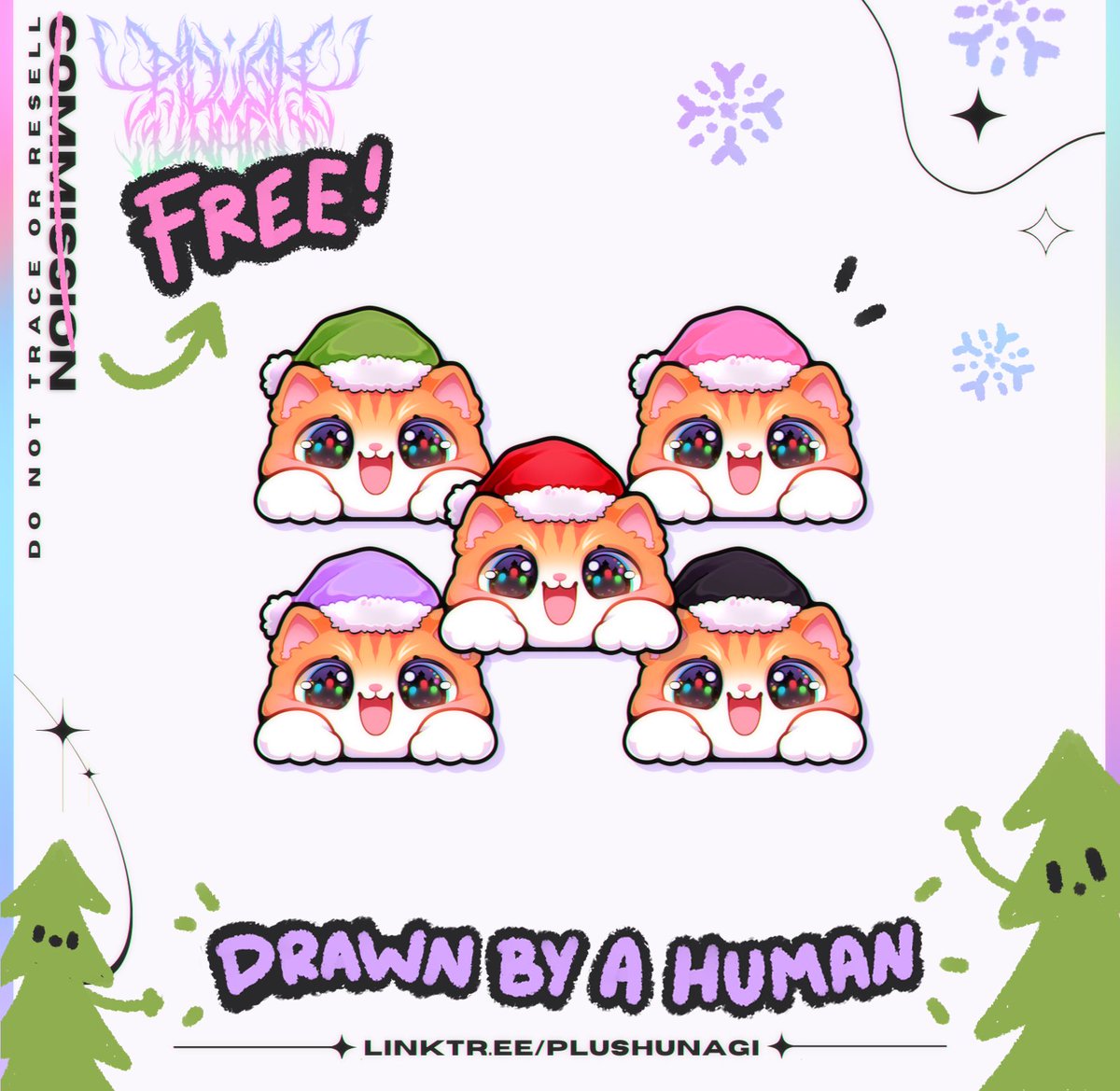 Plushunagi's tweet photo. 🎄💜 CATINTHECHAT FREE EMOTE
In solidarity as an artist on Twitch for 6+ years, who's always wanted to make a global/hype train emote I hope you love this version! Art is my everything and no AI crap will take that away from me.

Happy Holidays ☃️

🔗 To Kofi listing below! ✨ https://t.co/7O6WxFgdIN