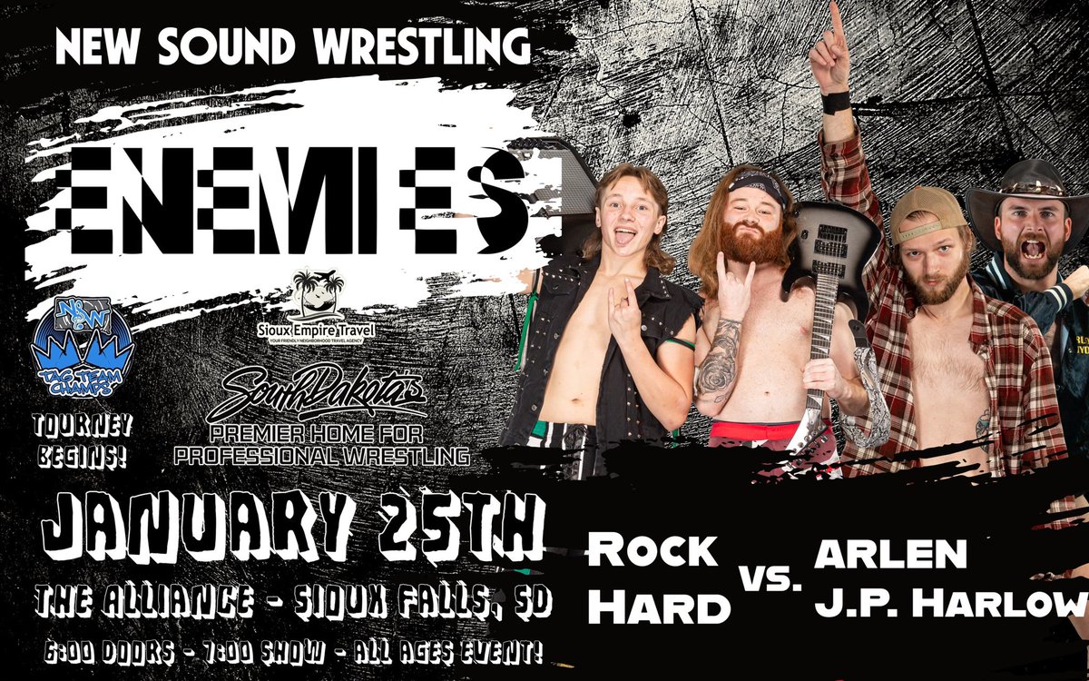 🚨 MATCH ANNOUNCEMENT 🚨 

At New Sound Wrestling | ENEMIES the tag team tournament to crown the FIRST EVER New Sound Wrestling tag team champions begin!

Tommie Douglas &amp; Dexter Daniels will officially represent Rock Hard against a new team to NSW, J.P. Harlow &amp; ARLEN!