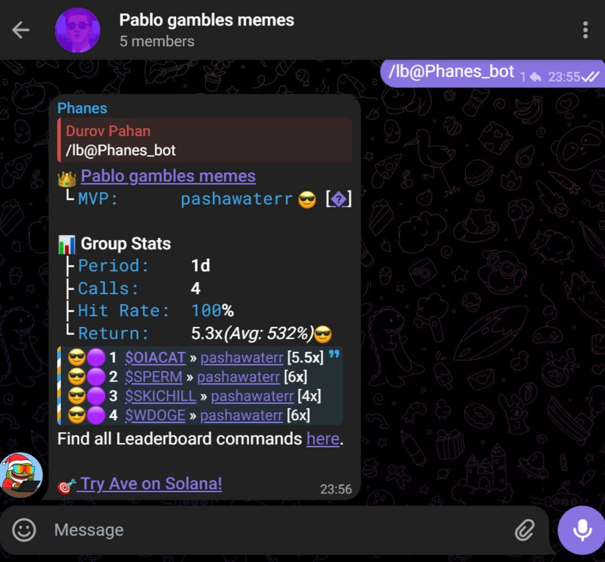 1-100 SOL Challenge  | Update 1

5.3x average return

We were lucky af today. Not sure we'll always get these big exes.

Was trying to get 2-3x. Adding other 3 guys, most active ones.

RT this one, more people know — bigger we are.

Drop your wallet👇, hit a like, RT and follow.