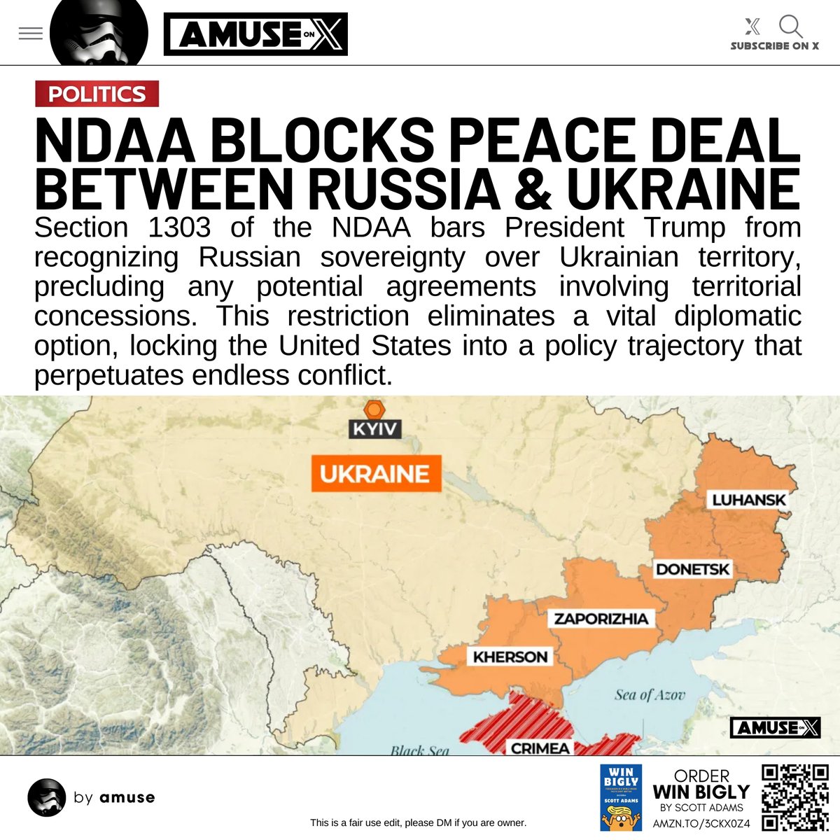 amuse's tweet photo. NDAA: Congress slipped a provision into the 2025 NDAA that prohibits Trump from negotiating any peace deal that doesn't return all occupied territory to Ukraine stripping him of all negotiating power. 

Section 1303: This section is a blatant effort to block President Trump from negotiating peace in Ukraine. By prohibiting any recognition of Russian sovereignty over Ukrainian territory, Congress ensures that any potential deal involving territorial concessions—a common feature in peace negotiations—would be dead on arrival. This provision strips the President of a critical diplomatic tool, effectively forcing the United States into a policy of endless conflict. This is a direct attack on the administration’s ability to prioritize American interests over a European stalemate.

https://t.co/MtYJ4GtVCH