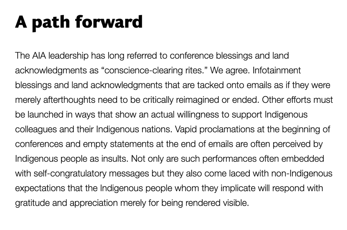 In 2021, the American Anthropological Association stopped doing land acknowledgements, calling them "conscience-clearing rites", "infotainment", "vapid", and "self-congratulatory".

anthropology-news.org/articles/rethi…