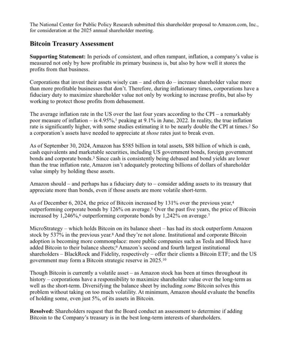 🚨 BREAKING 🚨

$2.3 TRILLION COMPANY AMAZON 
SHAREHOLDERS HAVE JUST PUT 
FORWARD A PROPOSAL TO ASSESS 
ADDING BITCOIN TO ITS TREASURY. 

IMAGINE AMAZON BUYING BILLIONS 
WORTH OF BITCOIN 🔥

ULTRA BILLISH FOR CRYPTO !