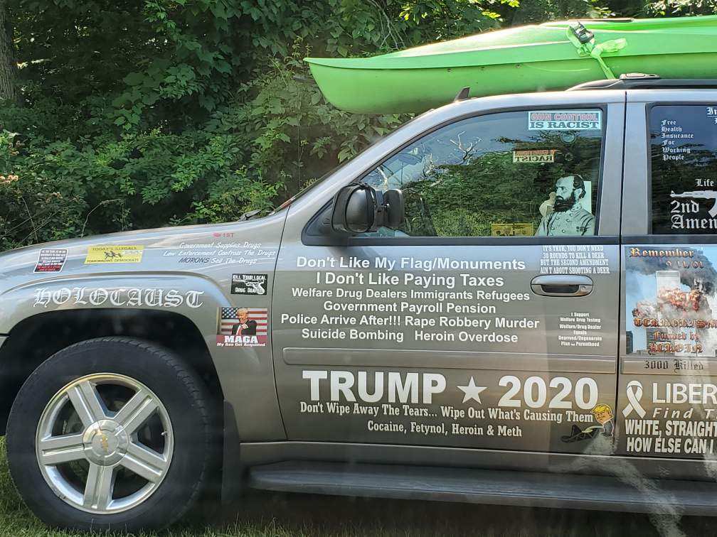 brendonb98's tweet photo. @Jarodmhale @elonmusk Well sure does beat the KKK and nazi stickers like this guy has! Oh and what’s that?! a Trump 2020 sticker😂 https://t.co/NhN0I6Kasd