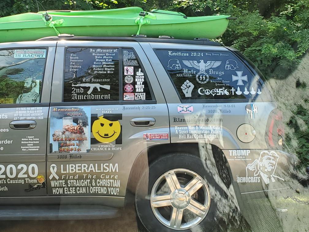 brendonb98's tweet photo. @Jarodmhale @elonmusk Well sure does beat the KKK and nazi stickers like this guy has! Oh and what’s that?! a Trump 2020 sticker😂 https://t.co/NhN0I6Kasd