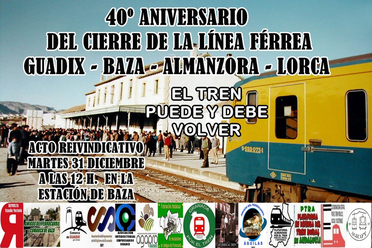 Se acerca, de nuevo, la fecha para concentrarse en Baza para que el tren vuelva a las comarcas granadinas del altiplano. <a href="/guadixporeltren/">Guadix por el Tren</a> <a href="/VueltadelTrenBz/">Asociación Amigos del Ferrocarril Comarca de Baza</a> y otras entidades, convocan a la ciudadanía a manifestar su apoyo para la vuelta del tren <a href="/guadix/">Antonio Ríos Guadix</a> <a href="/baza/">Lindsey Bary</a> <a href="/almanzora/">almanzora</a> <a href="/lorca/">lorca</a>
