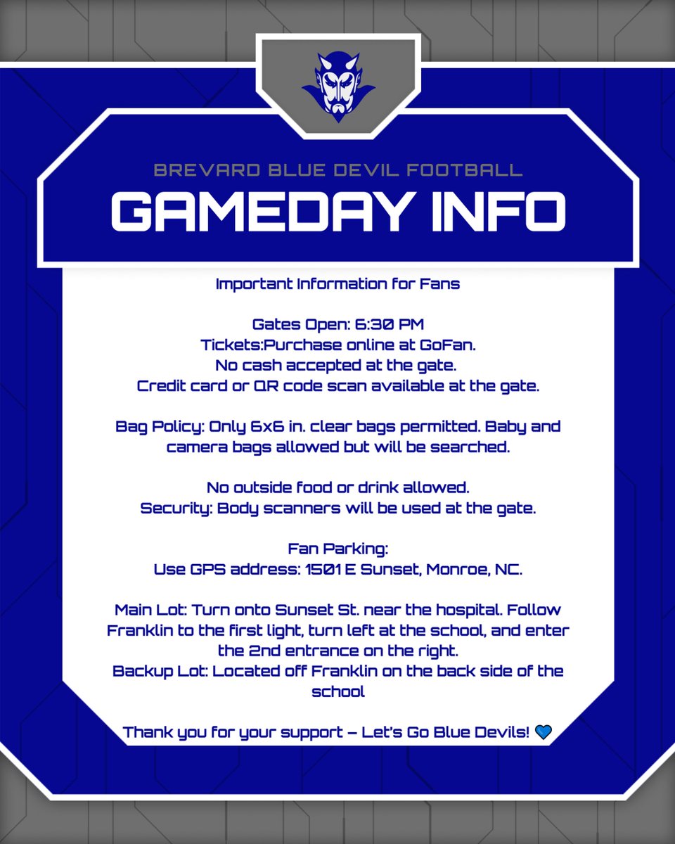Please read this post for important information about our Regional Championship at Monroe on Friday! 

Brevard Blue Devils vs. Monroe High School
Kickoff: Friday, 7:30 PM
Online Tickets: gofan.co/event/2513439?…
Important Game Day Info Below: