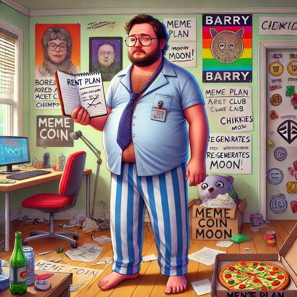 barry_save42069's tweet photo. “Barry’s comeback plan? Moving back into his old bedroom. He promised his mom he’d pay rent… as soon as his next meme coin moons. She gave him two weeks before she starts charging in pizza slices and chores. 🏠📉 #SaveBarry #CryptoComeback” https://t.co/xHAlx31NNb