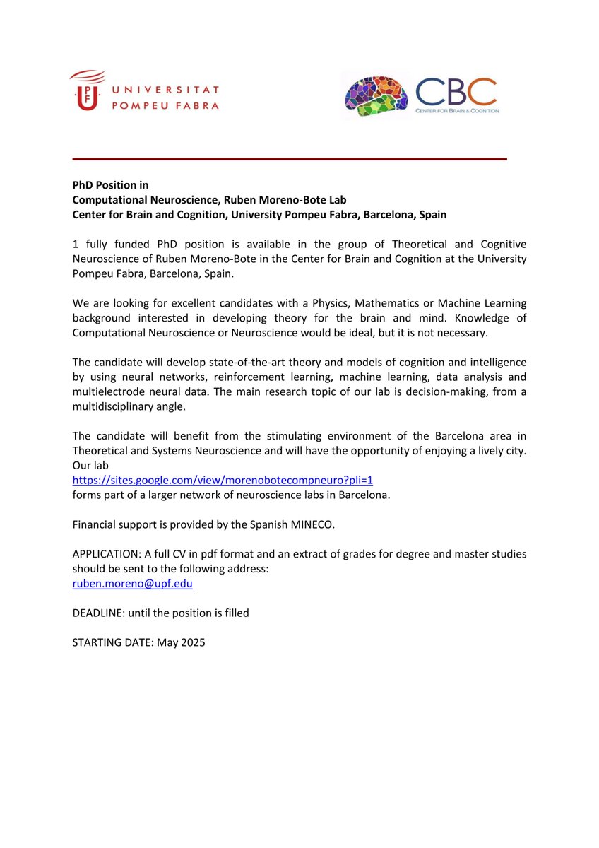 MorenoBote's tweet image. Open PhD position in Theoretical and Computational Neuroscience in my lab.
We want to discover the basis of natural intelligence. Please, spread the word, and apply if interested.
See more details below.