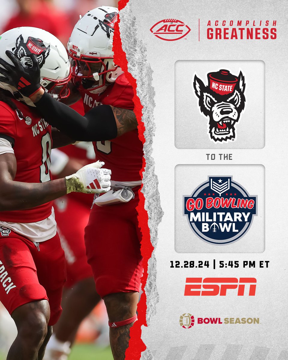 ACCFootball's tweet photo. 𝟐𝟎𝟐𝟒 𝐁𝐎𝐖𝐋 𝐒𝐄𝐀𝐒𝐎𝐍 🏈

The Wolfpack are headed to the @MilitaryBowl! https://t.co/Qm1E04ngaF