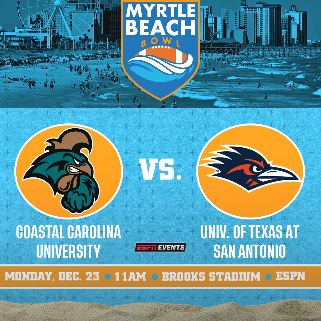 Myrtle Beach Bowl (@mbbowlgame) on Twitter photo ๐ ๐๐๐๐๐๐๐ ๐๐๐๐๐๐ ๐๐ ๐
The ๐ ๐๐ฟ๐๐น๐ฒ ๐๐ฒ๐ฎ๐ฐ๐ต ๐๐ผ๐๐น ๐๐ฎ๐บ๐ฒ matchup has been set between Coastal Carolina University (CCU) and the University of Texas at San Antonio (UTSA). ๐
โฐ: 11 a.m.
๐บ: ESPN
๐: Brooks Stadium - Coastal Carolina University
๐๏ธ: ๐ ๐๐๐๐๐๐๐ ๐๐๐๐๐๐ ๐๐ ๐
The ๐ ๐๐ฟ๐๐น๐ฒ ๐๐ฒ๐ฎ๐ฐ๐ต ๐๐ผ๐๐น ๐๐ฎ๐บ๐ฒ matchup has been set between Coastal Carolina University (CCU) and the University of Texas at San Antonio (UTSA). ๐
โฐ: 11 a.m.
๐บ: ESPN
๐: Brooks Stadium - Coastal Carolina University
๐๏ธ:
