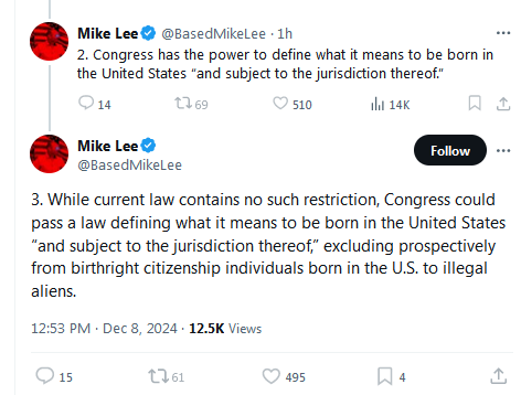 KDbyProxy's tweet photo. NEWS: Senator Baked Mike Lee (R-UT) calls on Congress to grant US-born children of illegal aliens immunity for any crimes they might commit – same as we provide foreign diplomats. https://t.co/imqqQnwneh