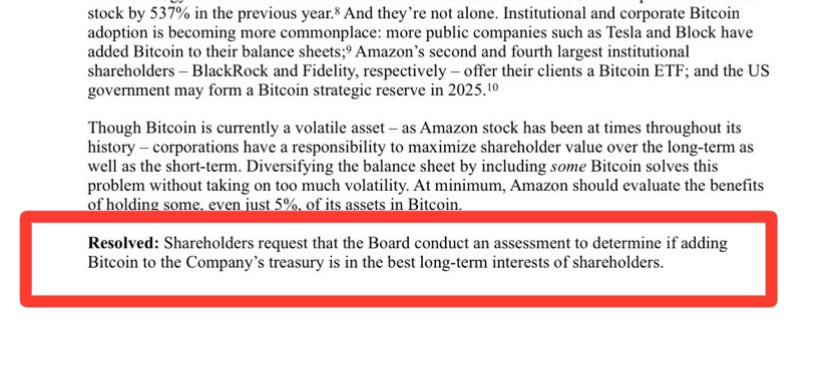 ArchieIntel's tweet photo. JUST IN: Amazon shareholders request the company explores adding #Bitcoin to its treasury.  

First Microsoft, now Amazon. https://t.co/AImahGzi58