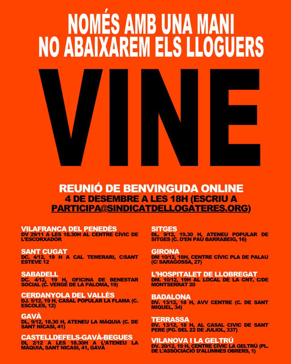 Demà és primer dilluns de mes i això vol dir que tenim assemblea del <a href="/SindicatLloguer/">Sindicat de Llogateres i Llogaters</a> a Sitges. 

Ens veiem a les 19.30 h a l’Ateneu (Pau Barrabeig, 16). 

<a href="/LlogateraGarraf/">Sindicat de Llogateres Garraf</a>