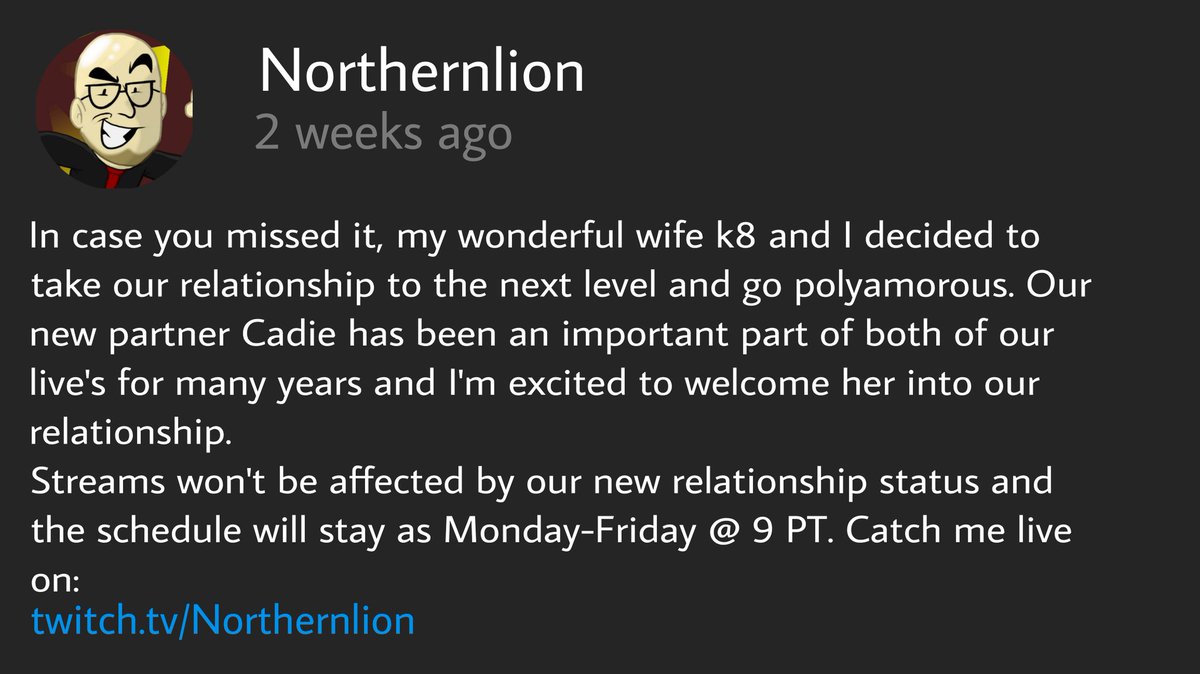 baconmon's tweet photo. @NorthernIion_LP last night I dreamed that you posted a video of NL's most recent announcement about him going poly??? Which he announced on a YOUTUBE COMMUNITY POST??? https://t.co/5ZRPGgwJVr
