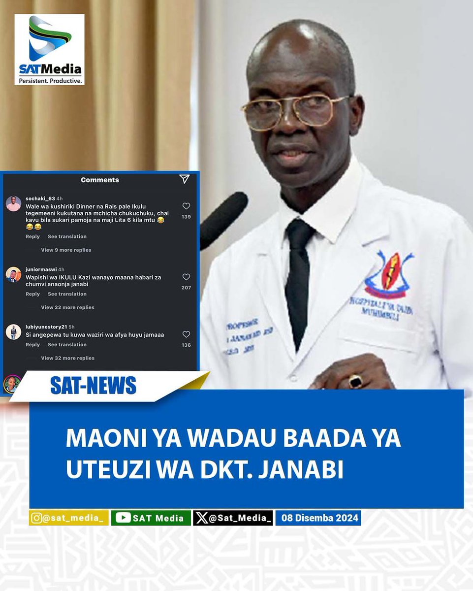 Sat_Media_'s tweet photo. Baada ya Rais wa Jamhuri ya Muungano wa Tanzania Dkt. Samia Suluhu Hassan kumteua Profesa Mohamed Yakub Janabi kuwa Mshauri wa Rais Masuala ya Afya na Tiba, Wadau mbalimbali wamejitokeza kutoa maoni yao.
#satmediaupdates https://t.co/fecA2fi3yG