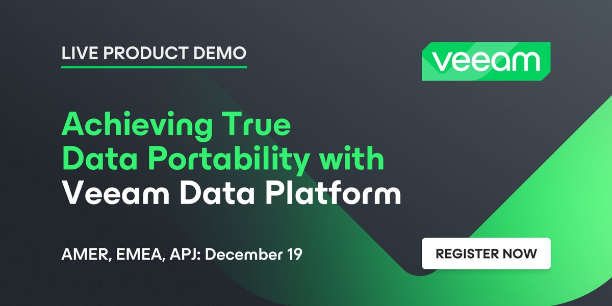 Veeam's tweet image. Migrating your data estate can be a daunting task, but Veeam Data Platform can help – Join our live demo to learn how you can achieve true #DataPortability &amp;gt;&amp;gt; bit.ly/3OJV0hH