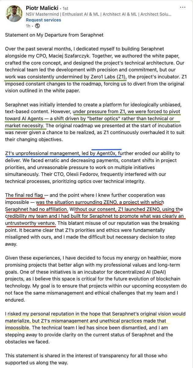 VandelayArtz's tweet photo. So this proves all three major points I made in the first thread exposing $DEAI and #Seraphnet.
1. The team they were portraying as current team does not work there any more.
2. Agent0x is the guy running this nexus of shell vapourware projects of $DEAI, #Seraphnet and #ZENO
3. $ZENO was a pump and scheme orcastrated by @zero1_labs (Agent0x) under the banner of @seraphnet.
Their Ex CTO Piotr Malicki just exposed these point on Linkedin post.