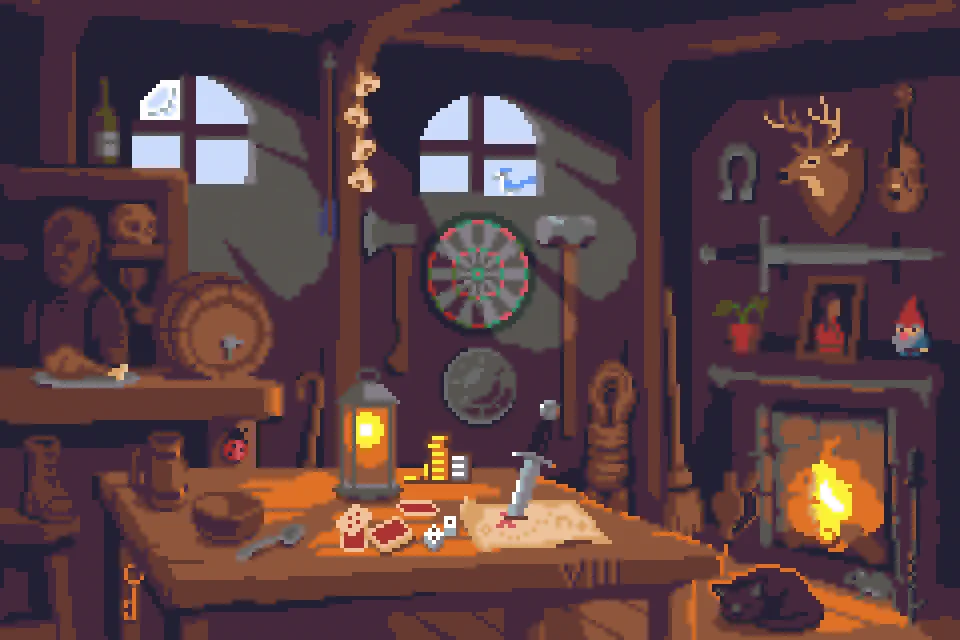 pixel art scene of a warm tavern interior cluttered with objects