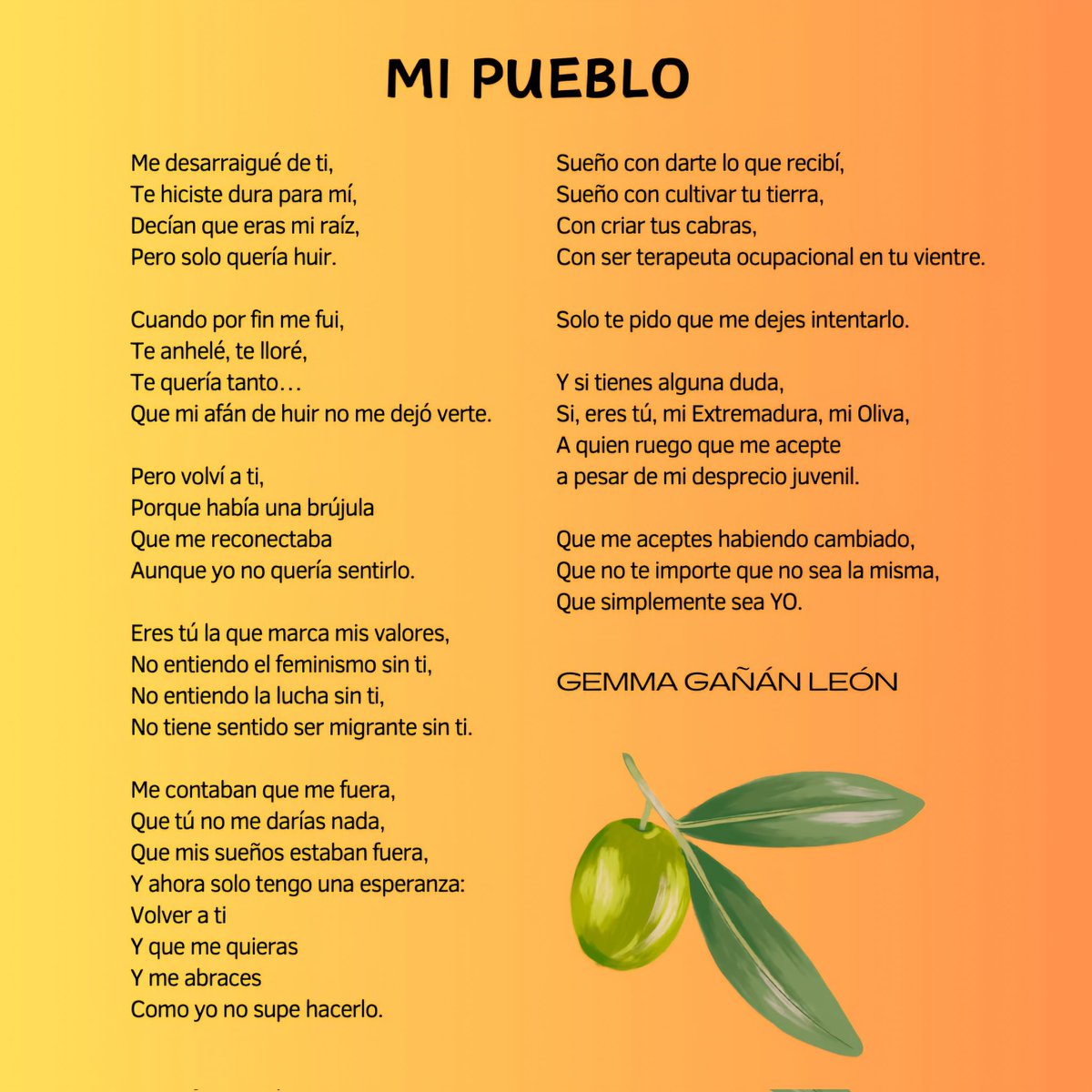 extremeneria's tweet photo. Para cerrar un fin de semana lleno de debate, memoria y activismo extremeñista, compartimos este bonito poema de nuestra nueva presidenta. ✍️

@GemmaRurala es emigrante, extremeña de la diáspora como tantas otras paisanas, pero lleva siempre a Extremadura en el corazón.
💚🤍🖤 https://t.co/GsjUnljSeG
