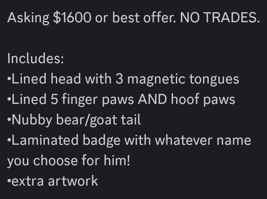 Magnus the bear-goat is looking for a new home! He's hardly been worn and has been cleaned. Details in last photo. Let's find him a home before the end of the month!