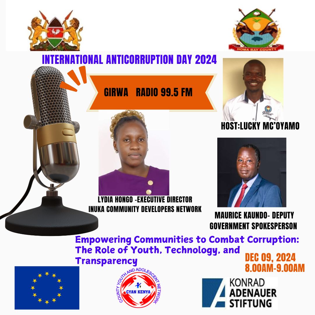 Amb. Atieno Hongo (@lydia_hongo) on Twitter photo Join us tomorrow, 8:00 AM to 9:00 AM, for an insightful discussion marking International Anti-Corruption Day.
Tune in and be part of the conversation!
<a href="/CyanKenya/">CYAN KENYA</a> <a href="/CDNet_Kenya/">INUKA Community Developers Network</a> <a href="/KAS_Kenya/">Konrad-Adenauer-Stiftung (KAS) Kenya</a> <a href="/EUinKenya/">European Union In Kenya</a>
#TupiganeNaUfisadi Join us tomorrow, 8:00 AM to 9:00 AM, for an insightful discussion marking International Anti-Corruption Day.
Tune in and be part of the conversation!
<a href="/CyanKenya/">CYAN KENYA</a> <a href="/CDNet_Kenya/">INUKA Community Developers Network</a> <a href="/KAS_Kenya/">Konrad-Adenauer-Stiftung (KAS) Kenya</a> <a href="/EUinKenya/">European Union In Kenya</a>
#TupiganeNaUfisadi