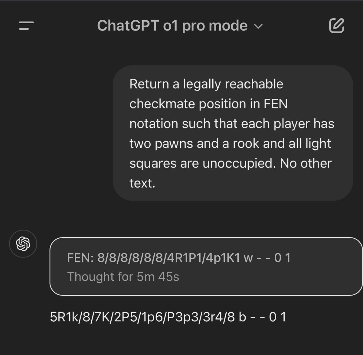 goodside's tweet image. ChatGPT o1 pro constructs a legal (though contrived) checkmate position where each player has two pawns and a rook and all light squares are empty