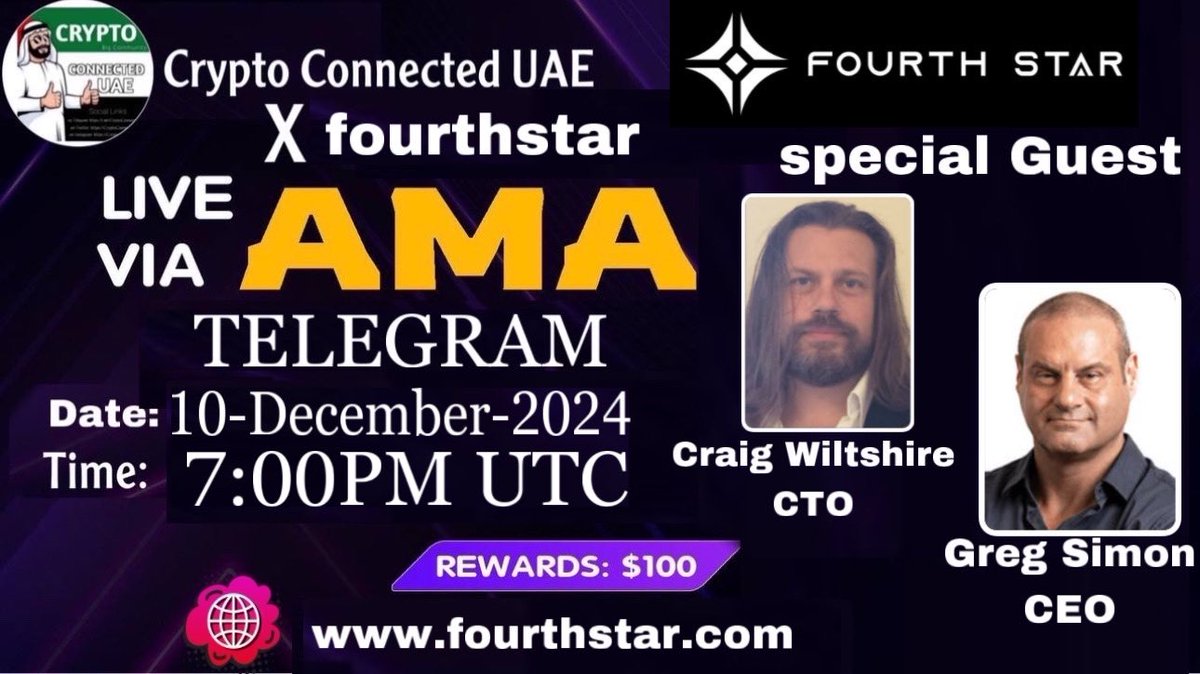 Crypto Connected UAE (Spaces+AMA) (@cconnecteduae) on Twitter photo We're thrilled to invite our guest Greg Simon CEO and Craig Wiltshire CEO to TG upcoming AMA with <a href="/FourthStarHQ/">Fourth Star</a>
Date: Tuesday,10 December
Time: 7:00PM UTC
Venue: t.me/Crypto_Connect…
don’t forget Like RT
PS:Come along with your questions,a $100 community reward awaits 🤑 We're thrilled to invite our guest Greg Simon CEO and Craig Wiltshire CEO to TG upcoming AMA with <a href="/FourthStarHQ/">Fourth Star</a>
Date: Tuesday,10 December
Time: 7:00PM UTC
Venue: t.me/Crypto_Connect…
don’t forget Like RT
PS:Come along with your questions,a $100 community reward awaits 🤑