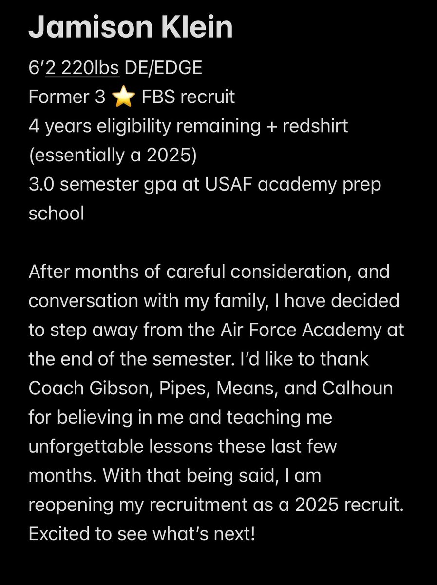 My recruitment is 100% open‼️

Air Force prep highlights: youtu.be/5U-cx1CIXrE?si…
Season highlights - 3 games played (season cut short) - 4 sacks, 5 TFLs, 1FF, 1 PDF