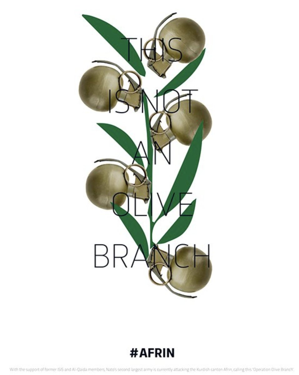 artbeiter's tweet photo. "This is not an olive branch.“ Das Plakat entstand 2018, als #Afrin von Jihadisten unter türkischer Führung überfallen wurde. Heute droht dasselbe Schicksal erneut – Vertreibung, Massaker und Vergewaltigung verschleiert als „Operationen“.#manbij  #Afrin #Syrien #Propaganda https://t.co/uyKcLZaRHr