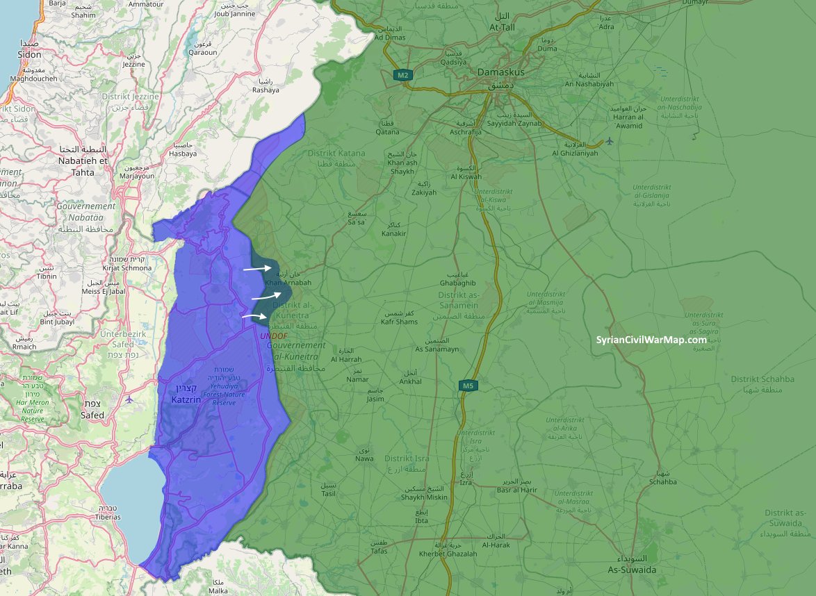 CivilWarMap's tweet photo. The Israel Defense Forces expand control within the Golan-Syria buffer zone, taking several key areas. Significant shift in the region's dynamics in the last few days. #Israel #GolanHeights #Syria #Damascus 

Live Map: https://t.co/49Hh6dZzw8 https://t.co/mS8X9edsTE