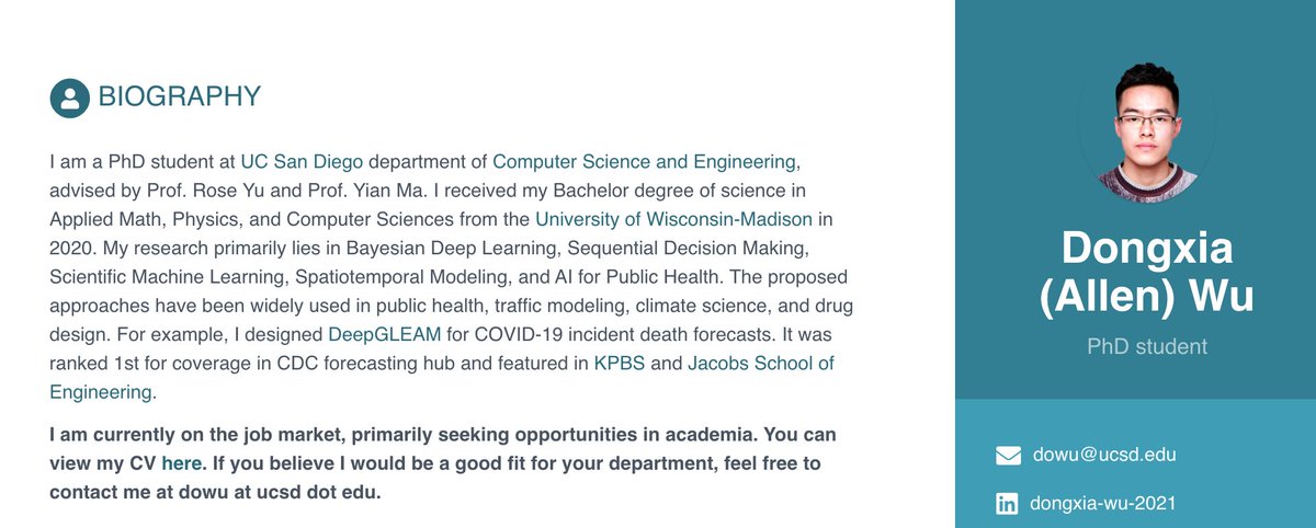 allen_dongxiawu's tweet image. #NeurIPS I’m on the 2024-25 job market, seeking faculty positions and postdoc opportunities! My research focuses on Bayesian Deep Learning, Spatiotemporal Modeling, and Scientific ML, with applications in public health, climate science, and drug discovery.
dongxiaw.github.io/online-cv/