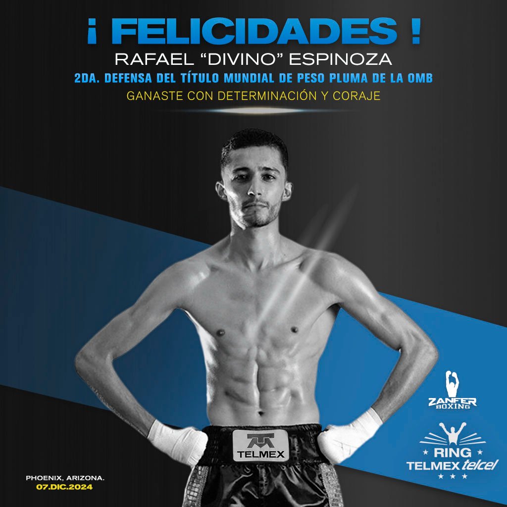 RINGTMXTELCEL's tweet image. ¡Felicidades 𝐑𝐚𝐟𝐚𝐞𝐥 "𝐃𝐢𝐯𝐢𝐧𝐨" 𝐄𝐬𝐩𝐢𝐧𝐨𝐳𝐚! En 𝐫𝐢𝐧𝐠 𝐓𝐞𝐥𝐦𝐞𝐱-𝐓𝐞𝐥𝐜𝐞𝐥 estamos muy orgullosos de ti por la segunda defensa de tu título. 🥊👑👊🔝

#RafaelDivino #Espinoza #Título #PesoPluma #SegundaDefensa #OMB #Phoenix #Zanferboxing #RingTelmexTelcel