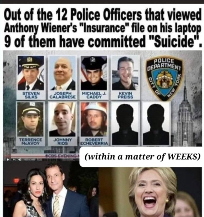 RealTruthHurtsS's tweet image. 🚨I have an important question to ask: 

What was on #AnthonyWeiner #LaptopFromHell ? ✅

And what would make those officers commit "suicide"? 👀

Or did they?🤔

Will we ever get answers? @Kash_Patel

The innocent ones in all of this, are the "People who suffered from all it,