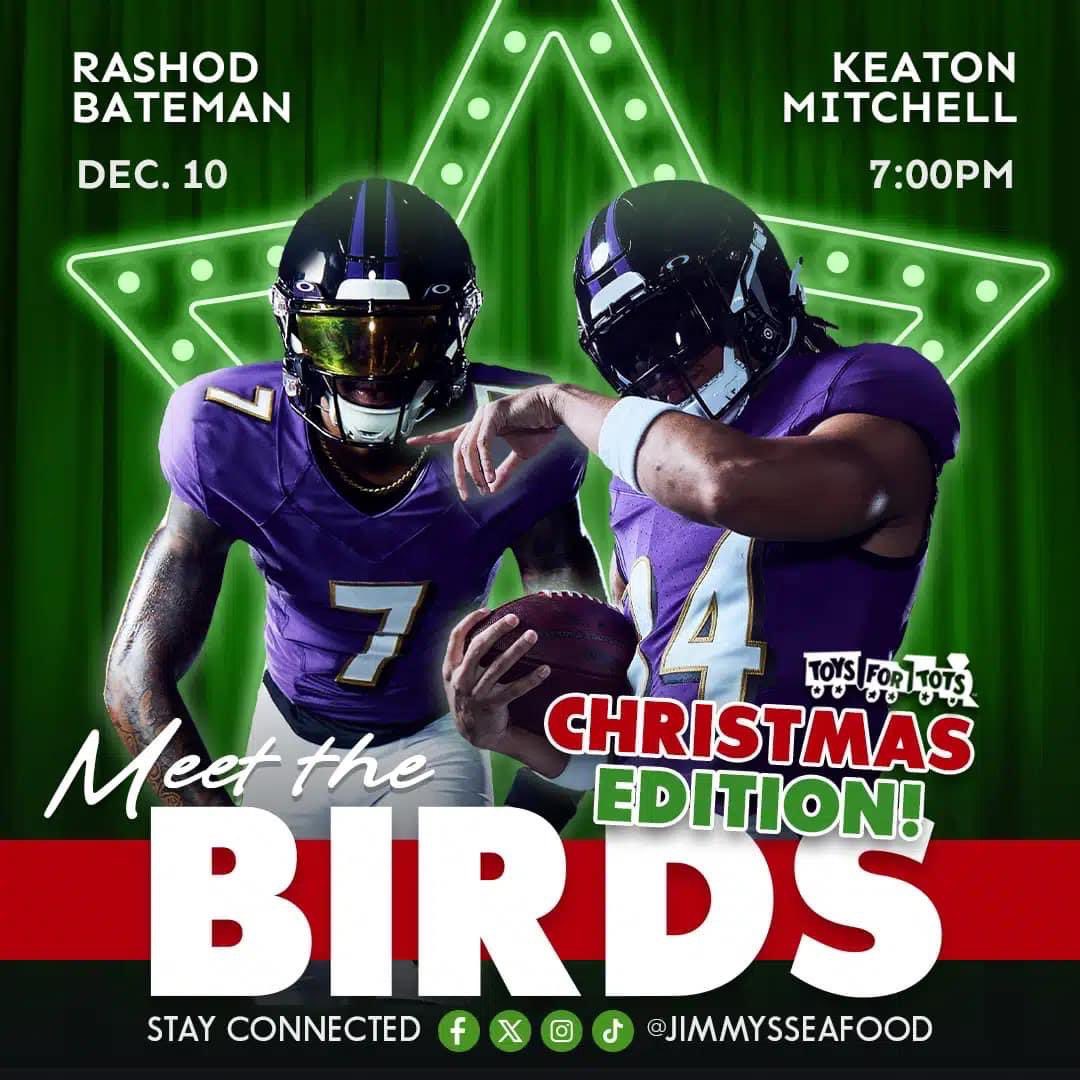 Jimmy’s Famous Seafood (@jimmysseafood) on Twitter photo 😈 Kick it with <a href="/R_bateman2/">Rashod Bateman</a> and <a href="/_KeatonMitchell/">DEUCE✌🏽</a> this week at Jimmy’s! VIP is sold out‼️
🚂 Proceeds benefit <a href="/ToysForTots_USA/">Toys for Tots</a>! 🧸
🎟️ jimmysfamousseafood.com/product/meet-t… 😈 Kick it with <a href="/R_bateman2/">Rashod Bateman</a> and <a href="/_KeatonMitchell/">DEUCE✌🏽</a> this week at Jimmy’s! VIP is sold out‼️
🚂 Proceeds benefit <a href="/ToysForTots_USA/">Toys for Tots</a>! 🧸
🎟️ jimmysfamousseafood.com/product/meet-t…