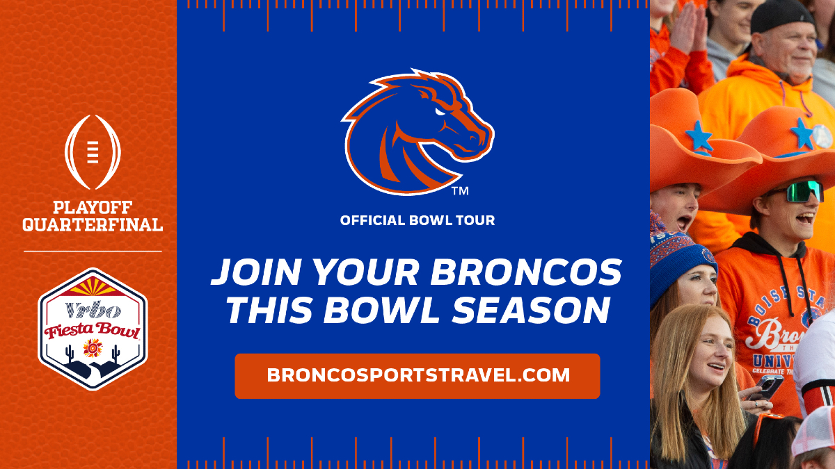 BroncoSportsFB's tweet photo. Your Broncos are heading to Glendale for the College Football Playoff Quarterfinals at the 𝗩𝗥𝗕𝗢 𝗙𝗜𝗘𝗦𝗧𝗔 𝗕𝗢𝗪𝗟! 🏆 Don’t miss your chance to be part of the action — Reserve your spot today! 

𝗧𝗿𝗮𝘃𝗲𝗹 𝗽𝗮𝗰𝗸𝗮𝗴𝗲𝘀 𝗶𝗻𝗰𝗹𝘂𝗱𝗲:
🏨 2- or 3-night hotel stay
✈️ Round-trip airfare from Boise to Phoenix (optional)
🎟️ Game tickets
🎉 Official Boise State Welcome Event
🎶 Broncos Pregame Party
…and more!

➡️🔗 https://t.co/hjxvtvivmZ
