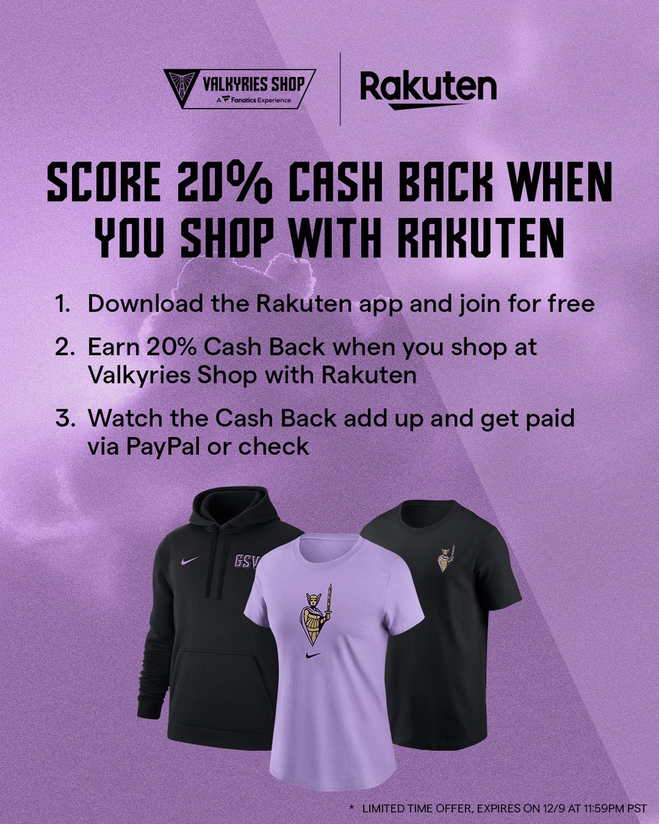 Score 20% Cash Back on brand new Valkyries merch with <a href="/Rakuten/">Rakuten</a>!

Sign up with Rakuten, shop your favorite items, and earn 20% Cash Back. Easy as that. Learn more: go.rakuten.com/gsvssg. Offer ends 12/9.